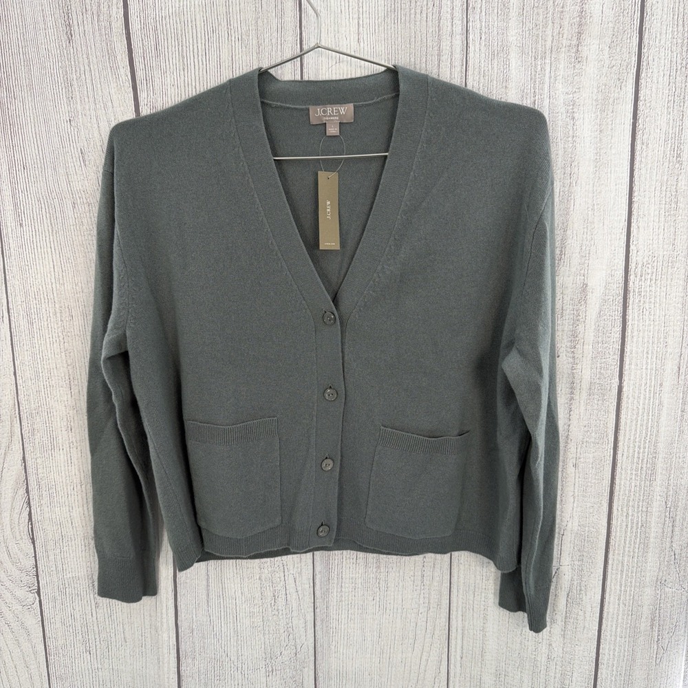 J Crew Cardigan Womens LARGE Sage Green 100% Cashmere Patch Pockets V-Neck